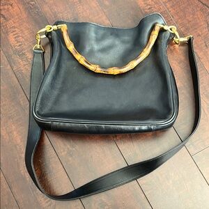 Vintage Gucci Black Leather Bamboo Handle Crossbody Bag